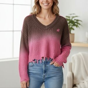 CHUU Womens Fringed Y2K Two Tone Sweater